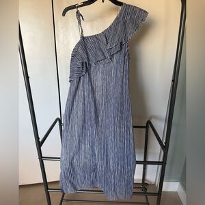 Halston Navy and White One-Shoulder Midi Dress